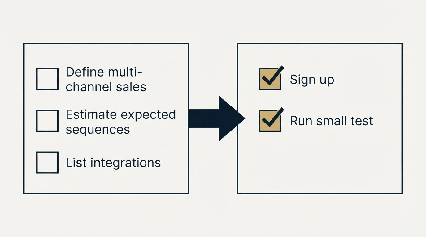 Before-and-after steps: Getting Started Checklist (Define multi-channel sales, Estimate expected sequences, List integrations, Sign up)