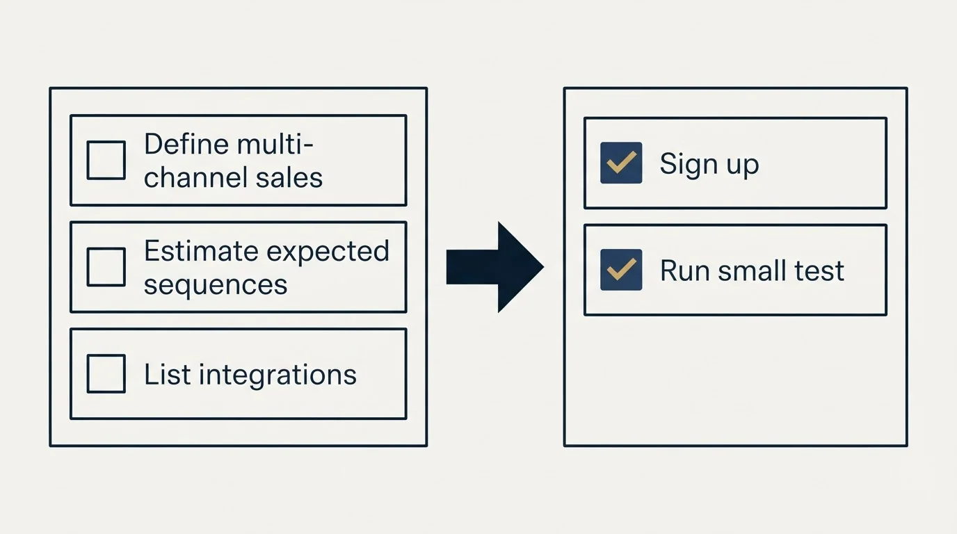 Before-and-after steps: Getting Started Checklist (Define multi-channel sales, Estimate expected sequences, List integrations, Sign up)