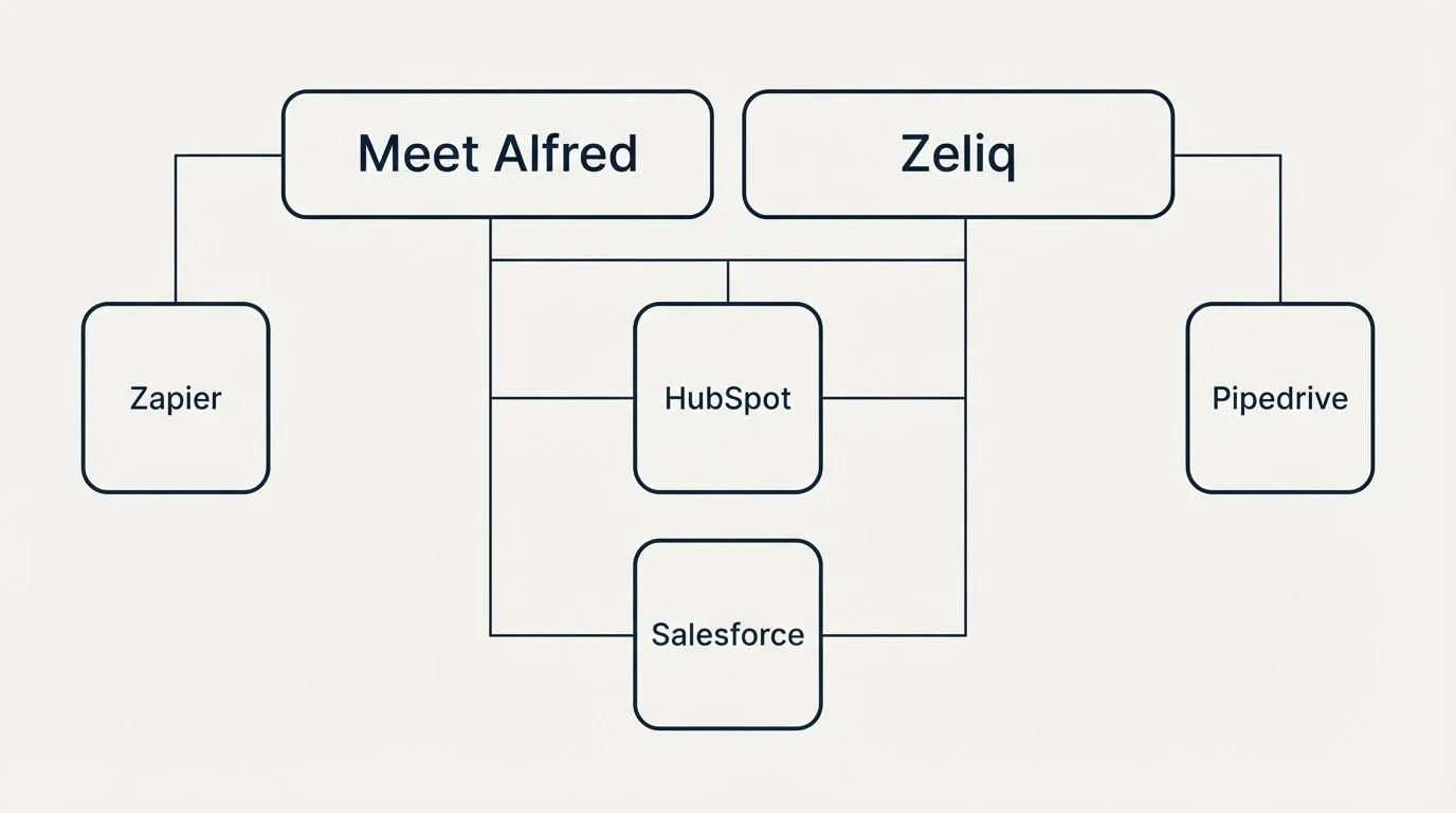 Integration grid: Integration Ecosystem (Meet Alfred, Zeliq, HubSpot, Salesforce)