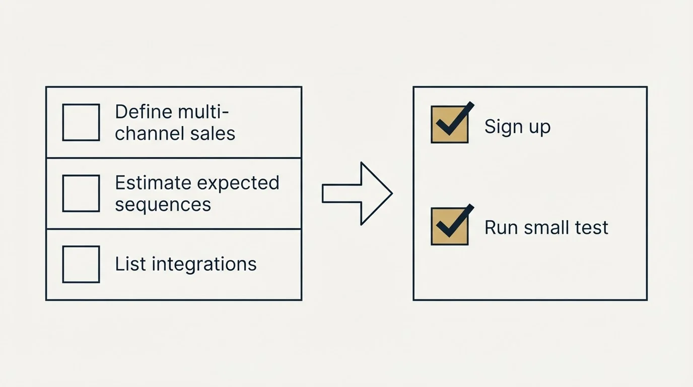 Before-and-after steps: Getting Started Checklist (Define multi-channel sales, Estimate expected sequences, List integrations, Sign up)