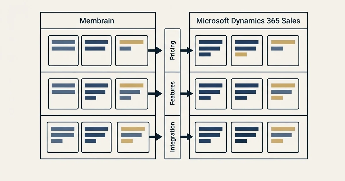 Comparison panel: Membrain vs Microsoft Dynamics 365 Sales (Pricing, Features, Integration)