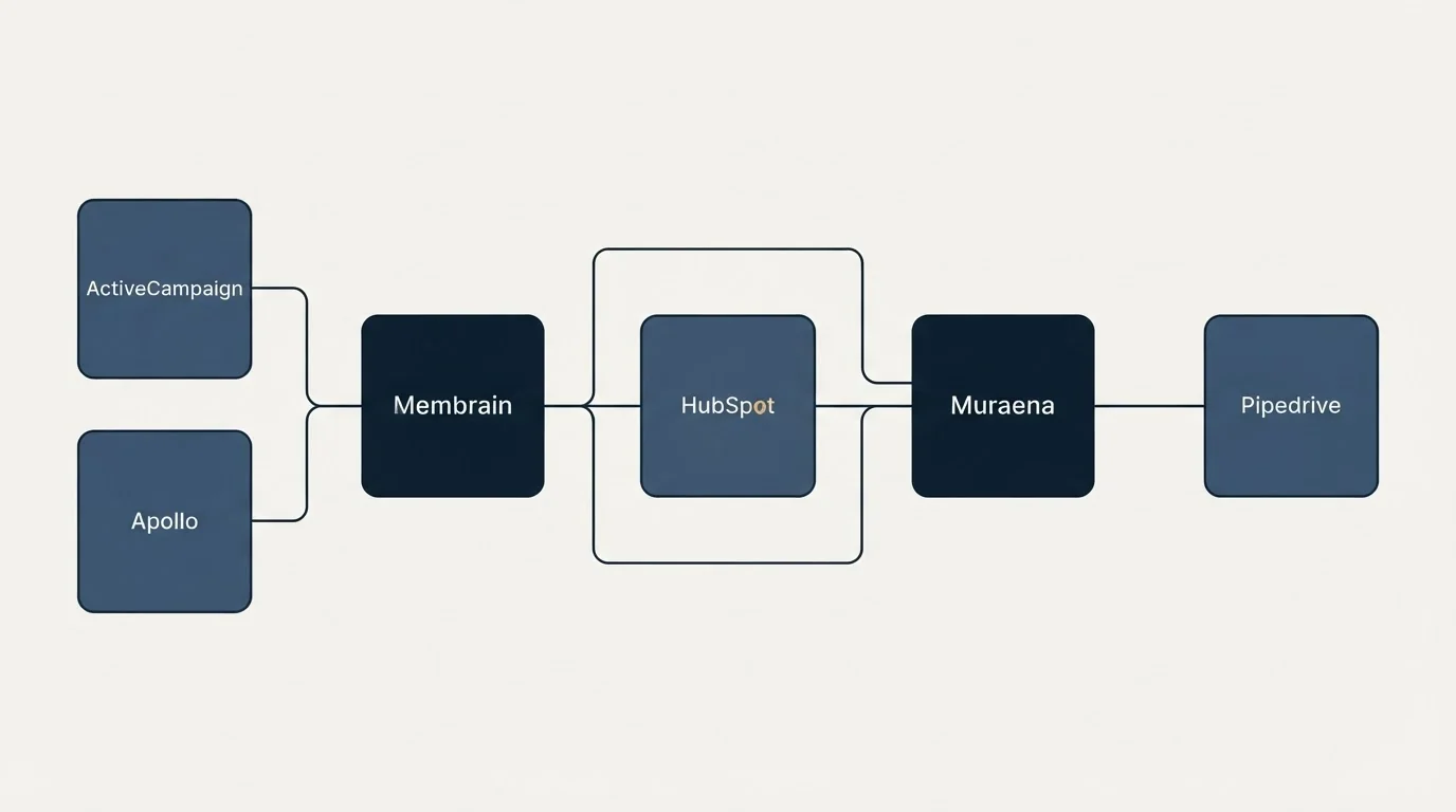 Integration schematic: Integration Ecosystem (Membrain, Muraena, HubSpot, ActiveCampaign)