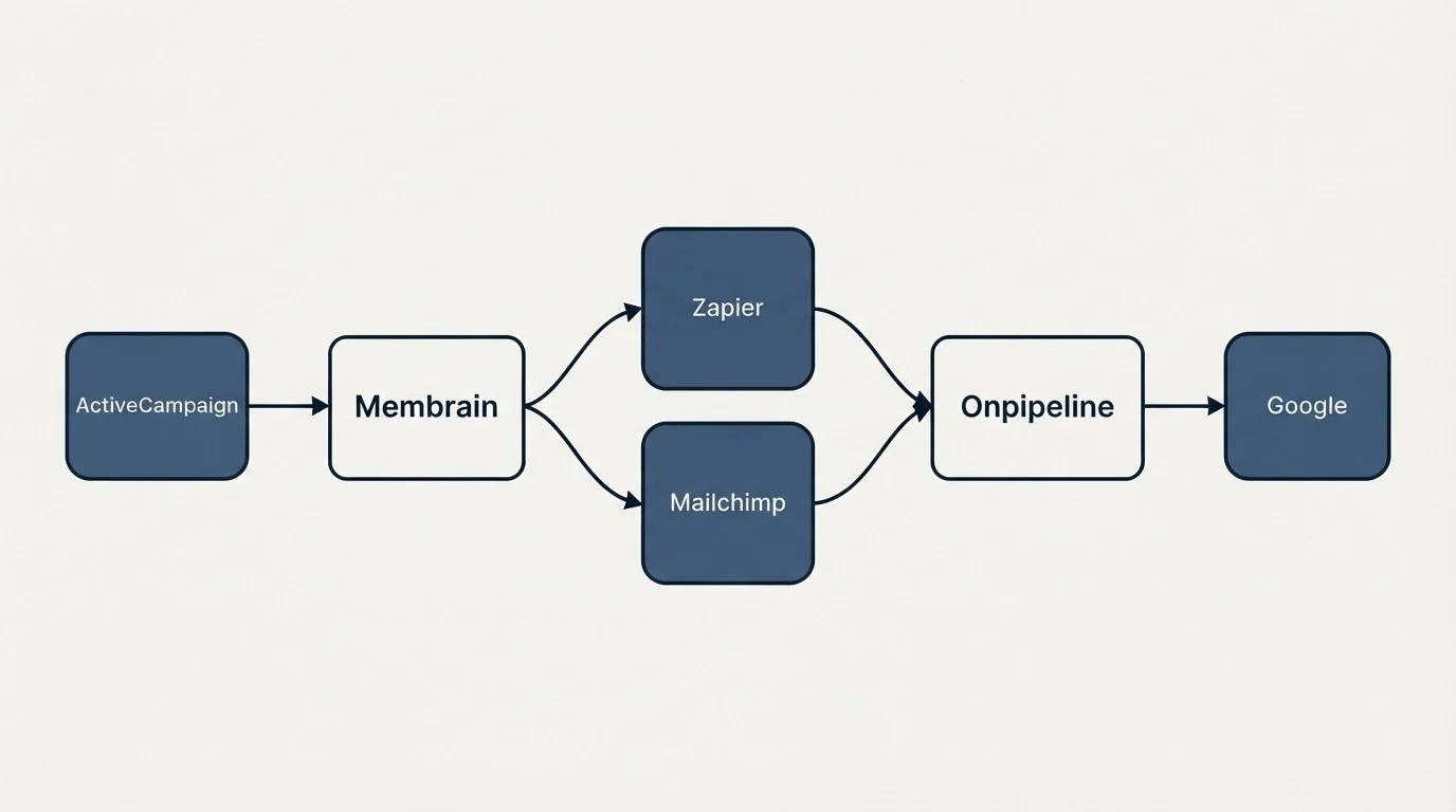 Integration schematic: Integration Ecosystem (Membrain, Onpipeline, Zapier, Mailchimp)