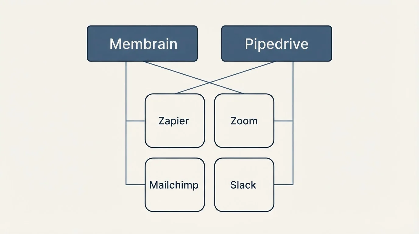 Integration grid: Integration Ecosystem (Membrain, Pipedrive, Zapier, Zoom)