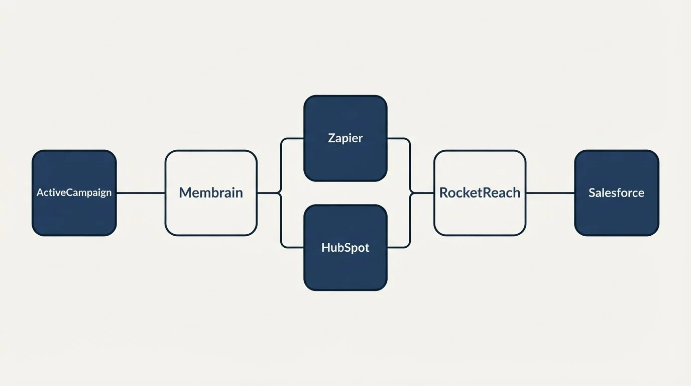 Integration flow: Integration Ecosystem (Membrain, RocketReach, Zapier, HubSpot)
