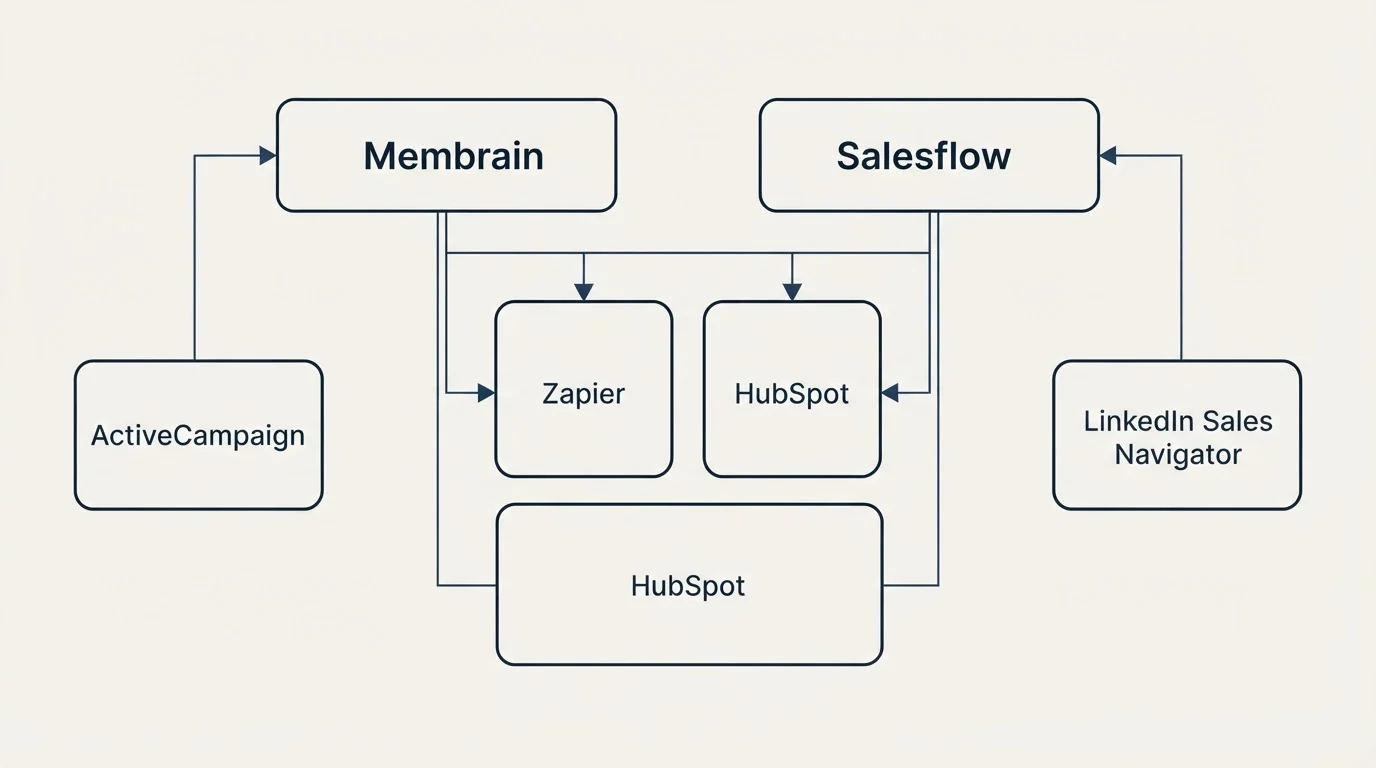 Integration grid: Integration Ecosystem (Membrain, Salesflow, Zapier, HubSpot)