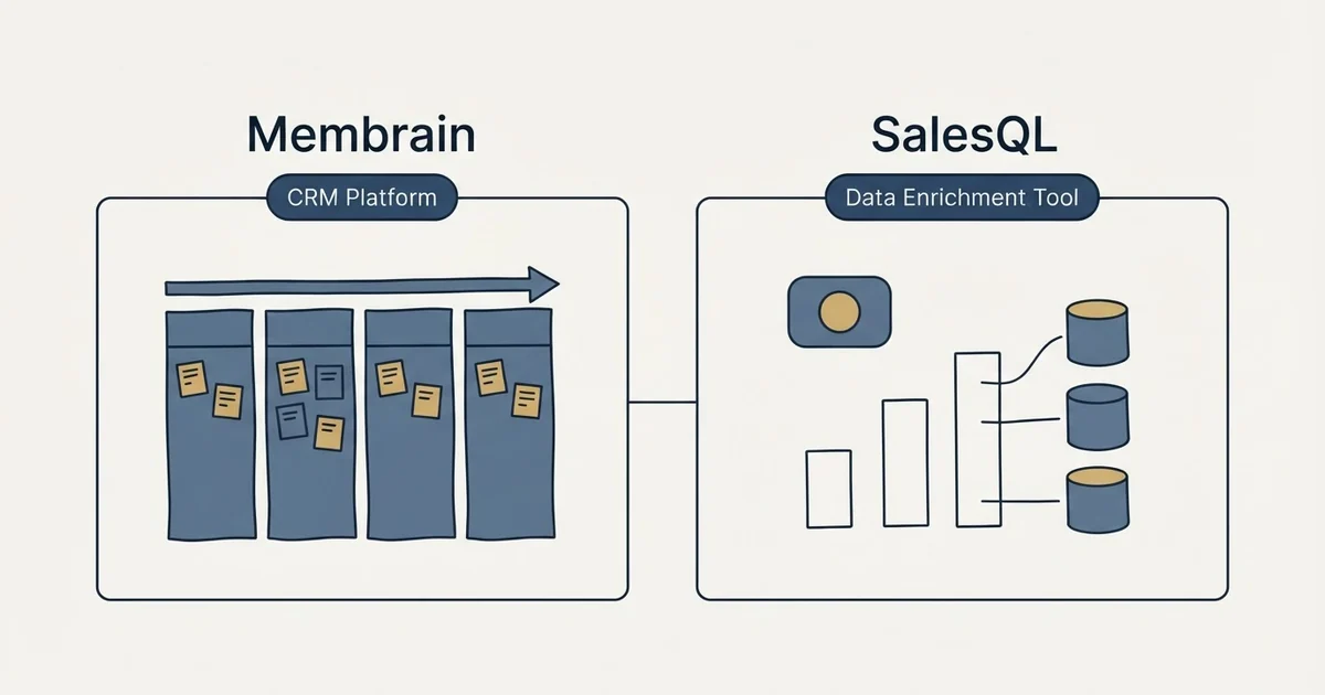 Side-by-side panels: Membrain vs SalesQL (CRM Platform, Data Enrichment Tool)