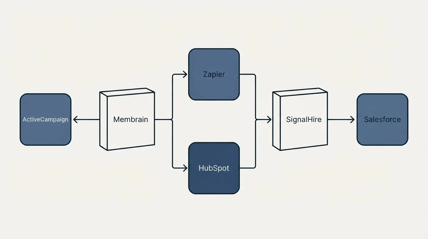 Integration flow: Integration Ecosystem (Membrain, SignalHire, Zapier, HubSpot)