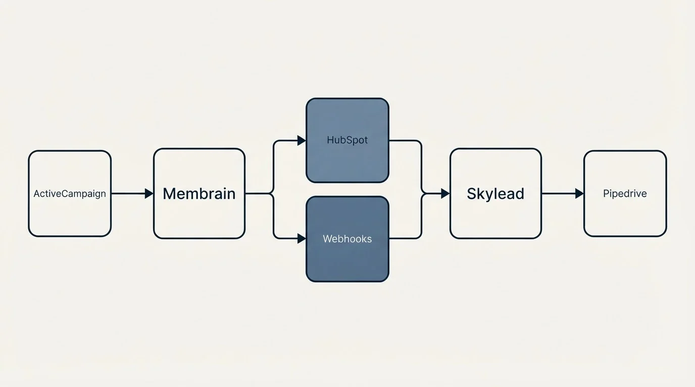Integration schematic: Integration Ecosystem (Membrain, Skylead, HubSpot, Webhooks)