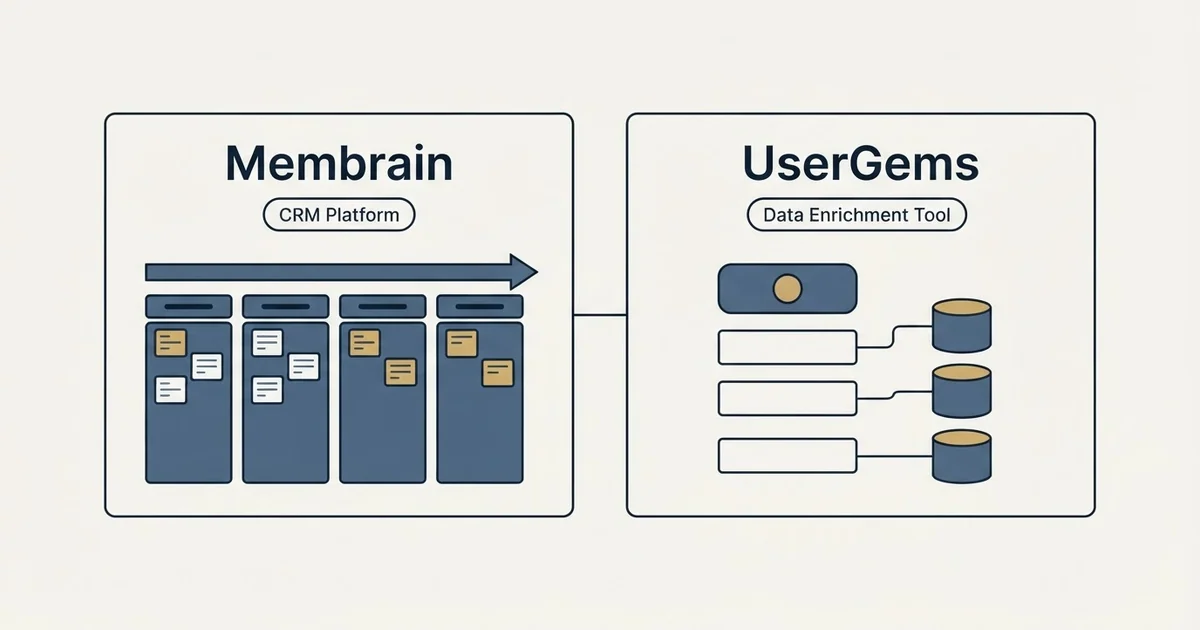 Side-by-side panels: Membrain vs UserGems (CRM Platform, Data Enrichment Tool)