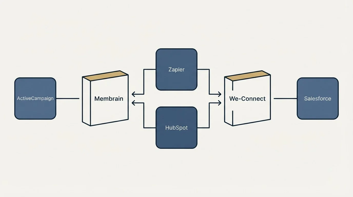 Integration flow: Integration Ecosystem (Membrain, We-Connect, Zapier, HubSpot)