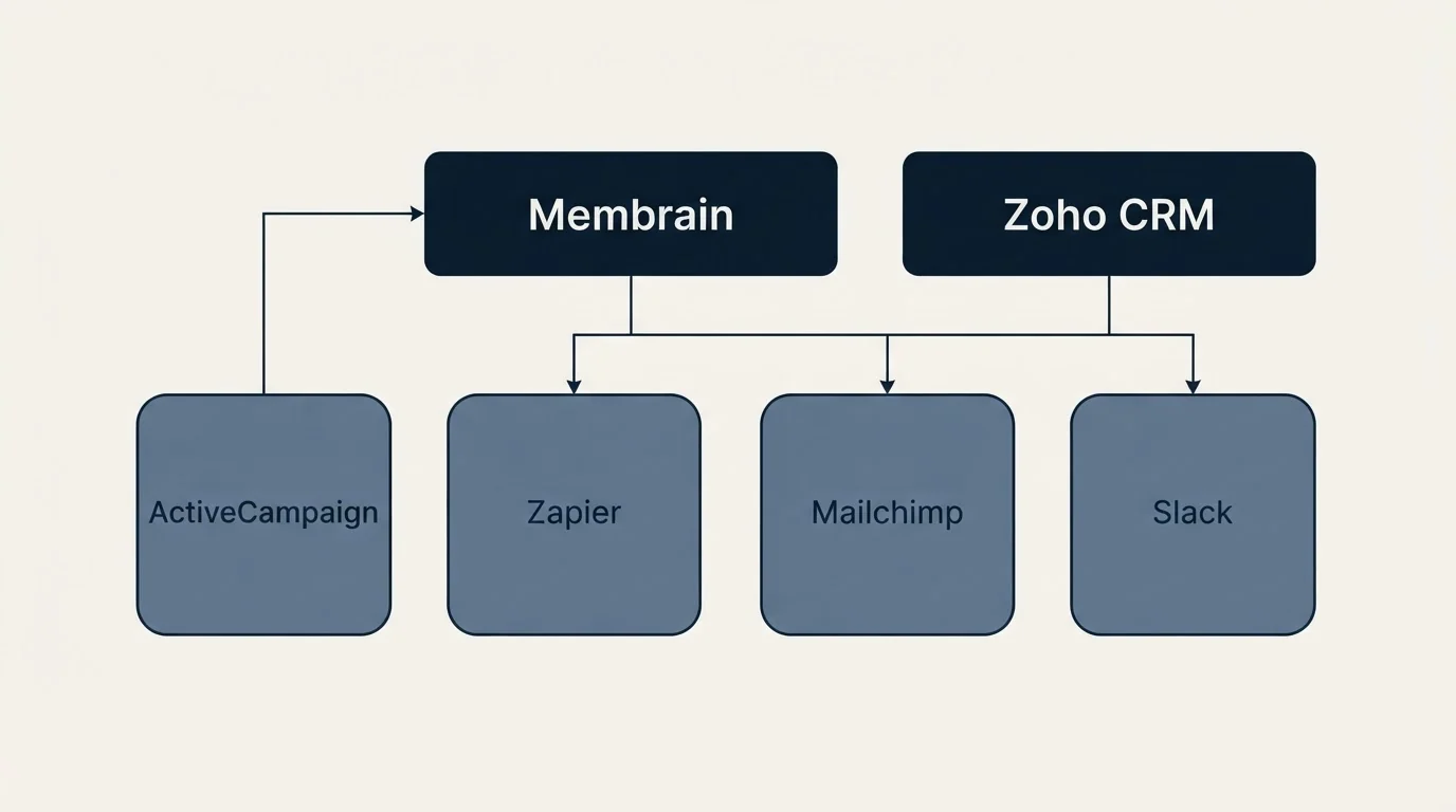 Integration grid: Integration Ecosystem (Membrain, Zoho CRM, Zapier, Mailchimp)