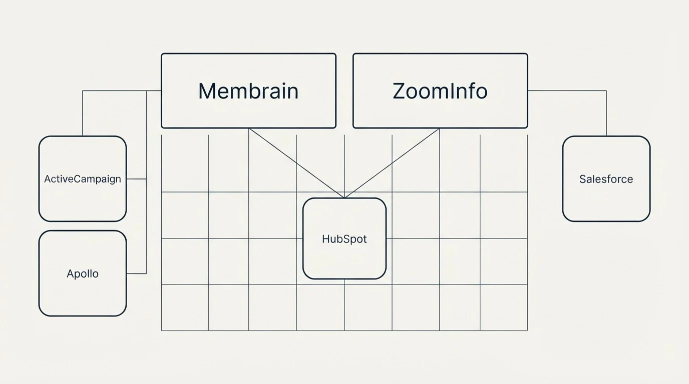 Integration grid: Integration Ecosystem (Membrain, ZoomInfo, HubSpot, ActiveCampaign)