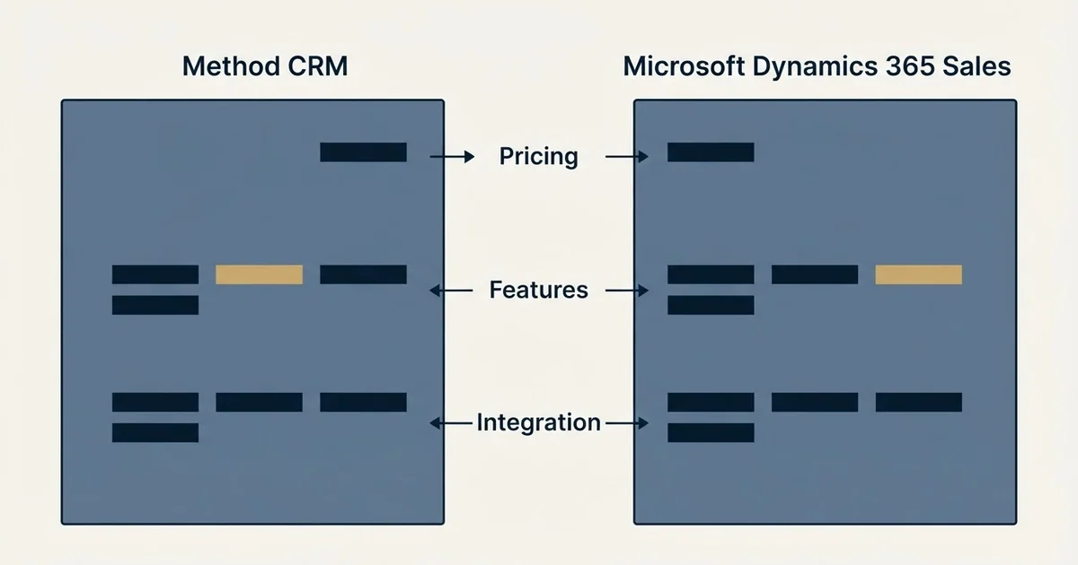 Comparison panel: Method CRM vs Microsoft Dynamics 365 Sales (Pricing, Features, Integration)
