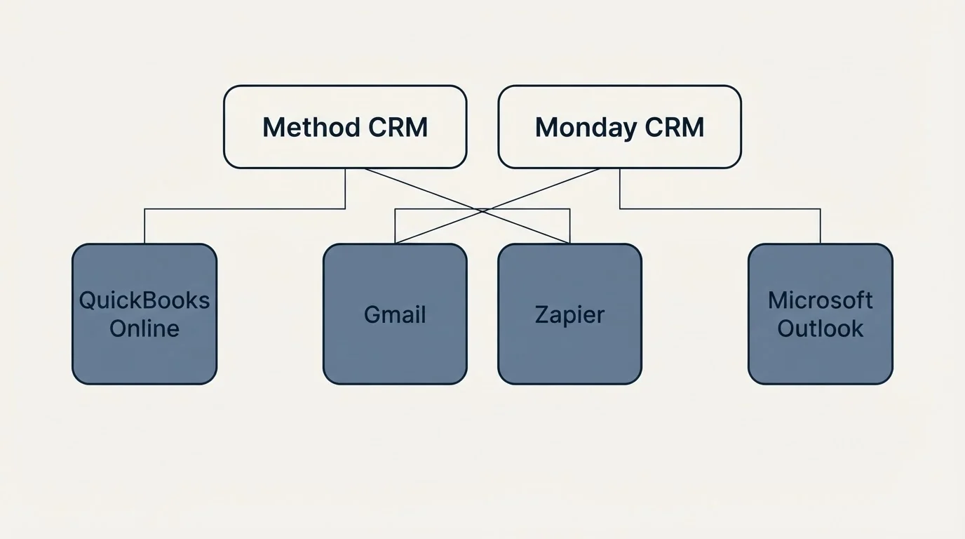 Integration grid: Integration Ecosystem (Method CRM, Monday CRM, Gmail, Zapier)