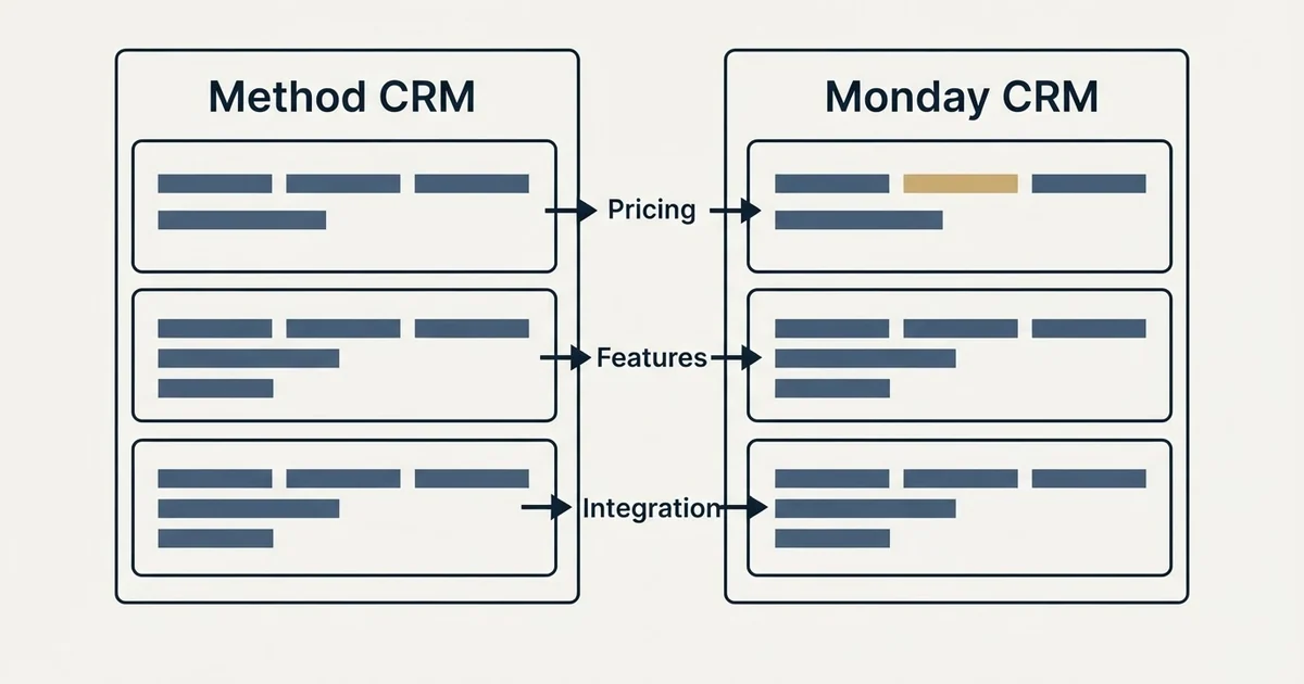 Comparison panel: Method CRM vs Monday CRM (Pricing, Features, Integration)