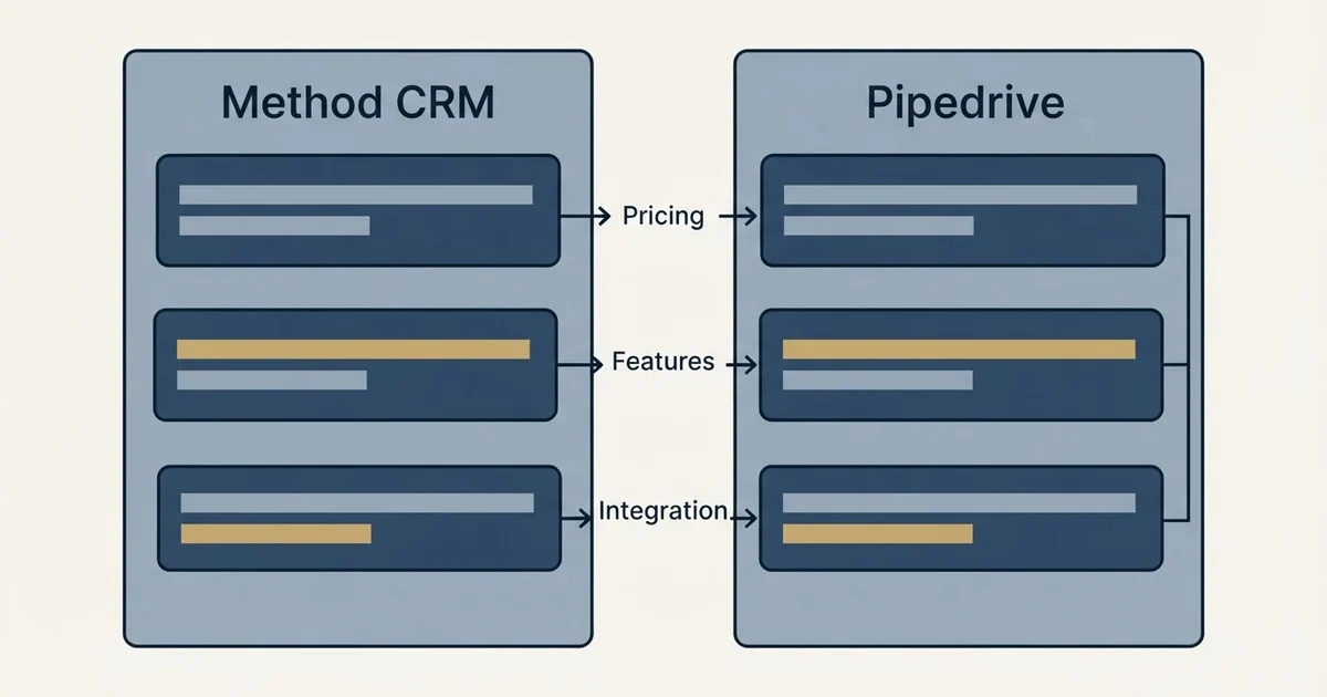 Comparison panel: Method CRM vs Pipedrive (Pricing, Features, Integration)