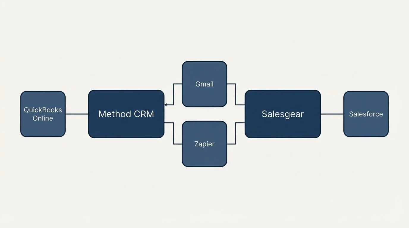 Integration flow: Integration Ecosystem (Method CRM, Salesgear, Gmail, Zapier)