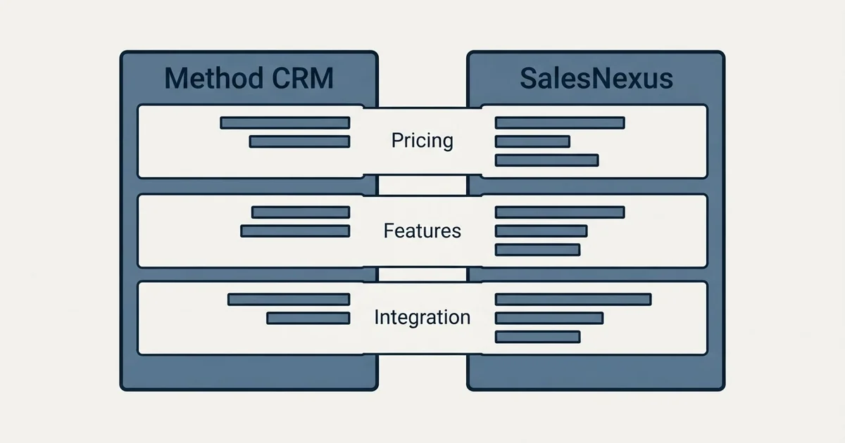 Comparison panel: Method CRM vs SalesNexus (Pricing, Features, Integration)