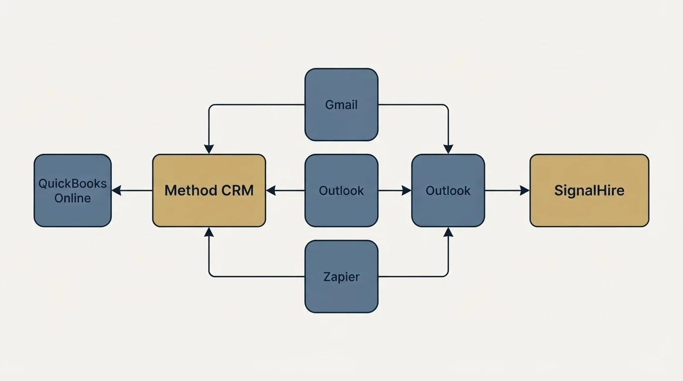 Integration schematic: Integration Ecosystem (Method CRM, SignalHire, Gmail, Outlook)