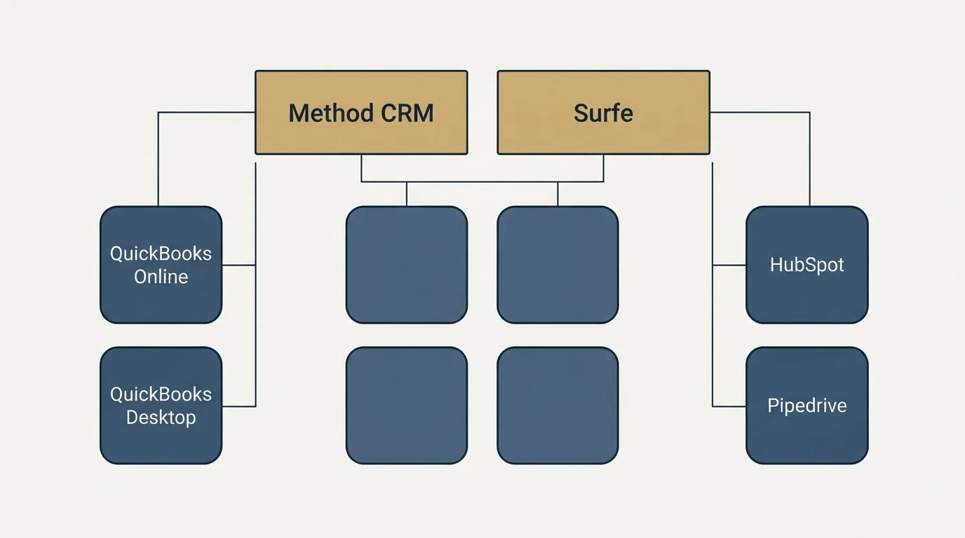 Integration grid: Integration Ecosystem (Method CRM, Surfe, QuickBooks Online, HubSpot)