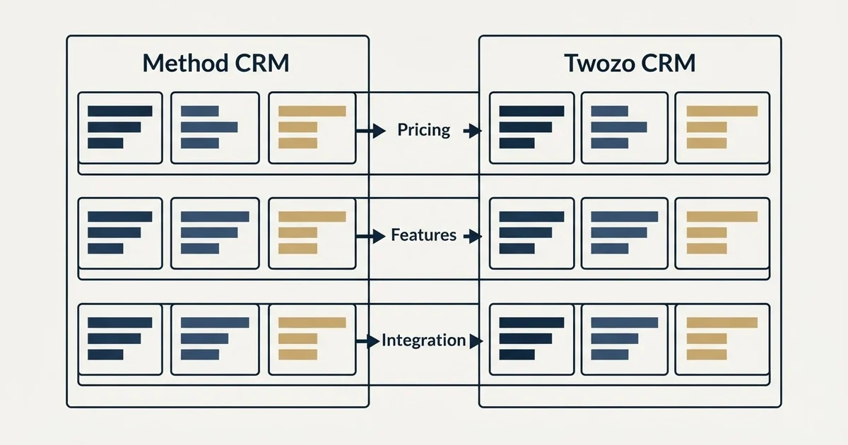 Comparison panel: Method CRM vs Twozo CRM (Pricing, Features, Integration)