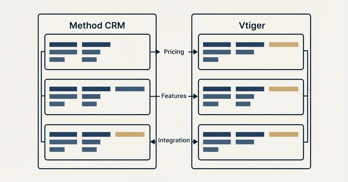 Comparison panel: Method CRM vs Vtiger (Pricing, Features, Integration)