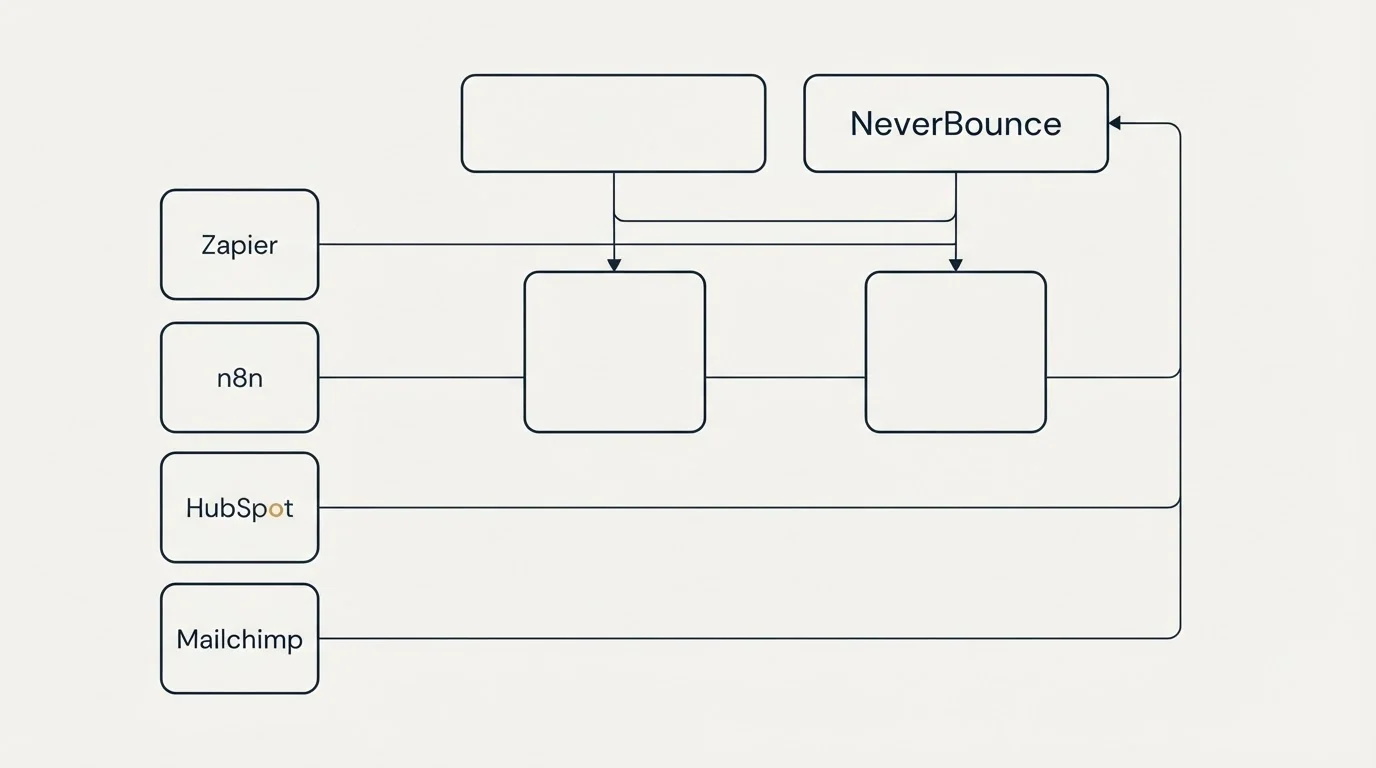 Integration grid: Integration Ecosystem (NeverBounce, Zapier, n8n, HubSpot)
