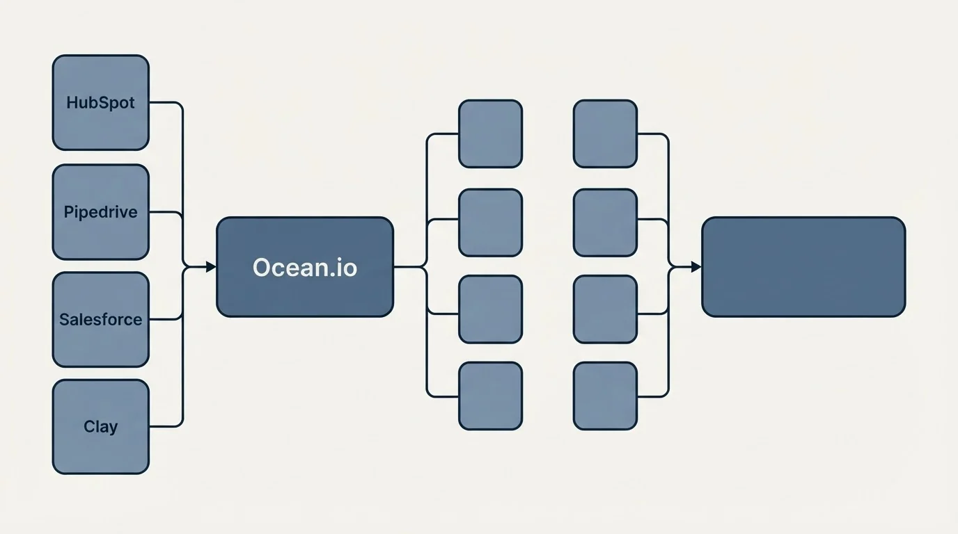 Integration flow: Integration Ecosystem (Ocean.io, HubSpot, Pipedrive, Salesforce)