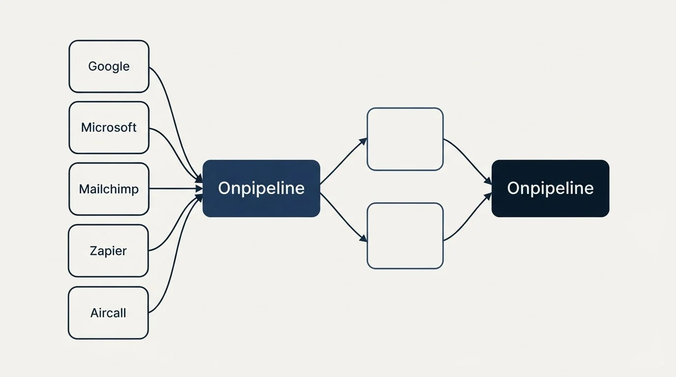 Integration schematic: Integration Ecosystem (Onpipeline, Google, Microsoft, Mailchimp)
