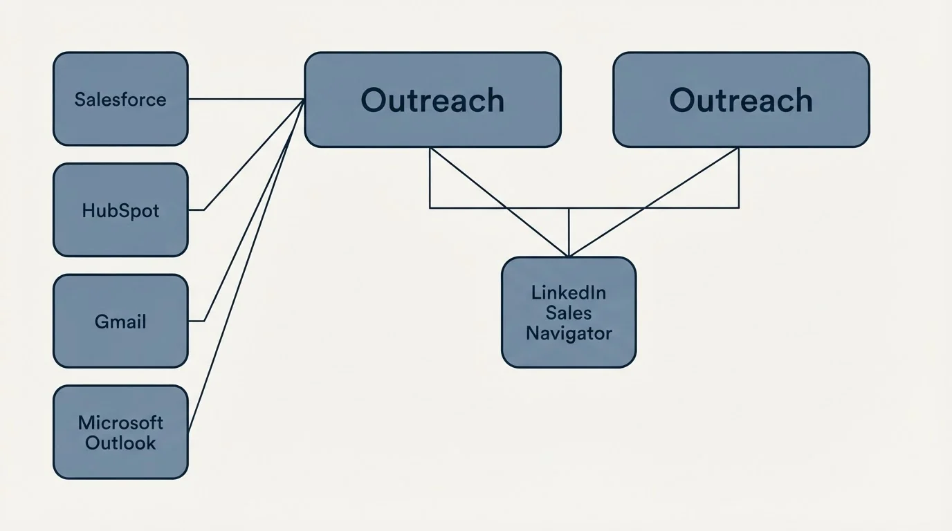 Integration grid: Integration Ecosystem (Outreach, LinkedIn Sales Navigator, Salesforce, HubSpot)