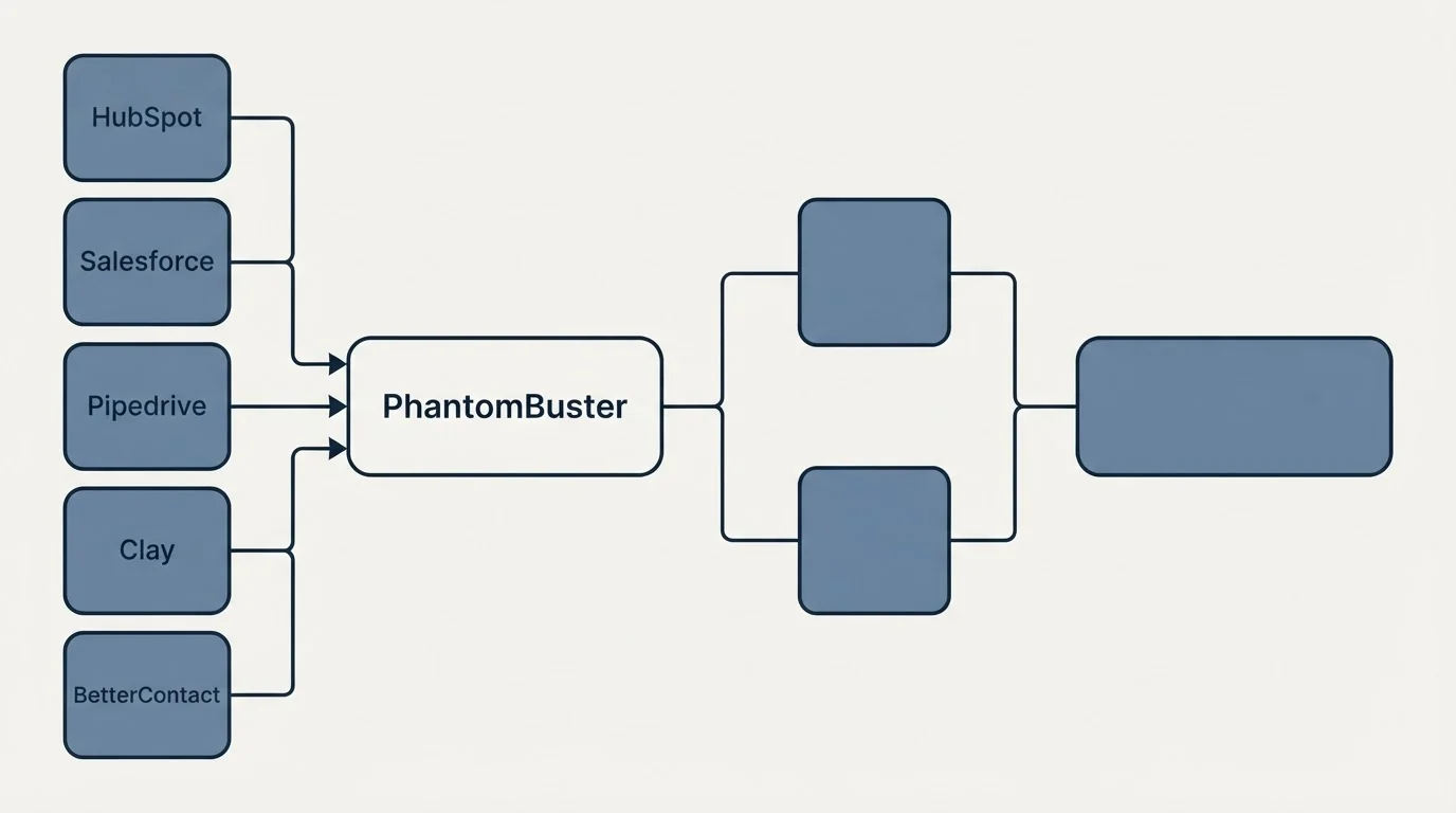 Integration flow: Integration Ecosystem (PhantomBuster, HubSpot, Salesforce, Pipedrive)