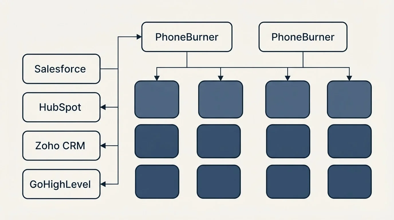 Integration grid: Integration Ecosystem (PhoneBurner, Salesforce, HubSpot, Zoho CRM)