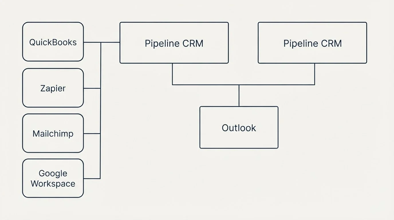 Integration grid: Integration Ecosystem (Pipeline CRM, Outlook, QuickBooks, Zapier)