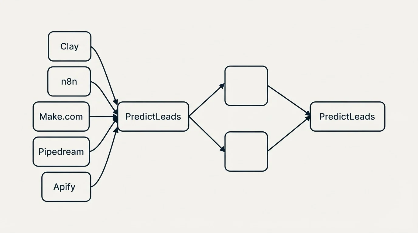 Integration schematic: Integration Ecosystem (PredictLeads, Clay, n8n, Make.com)