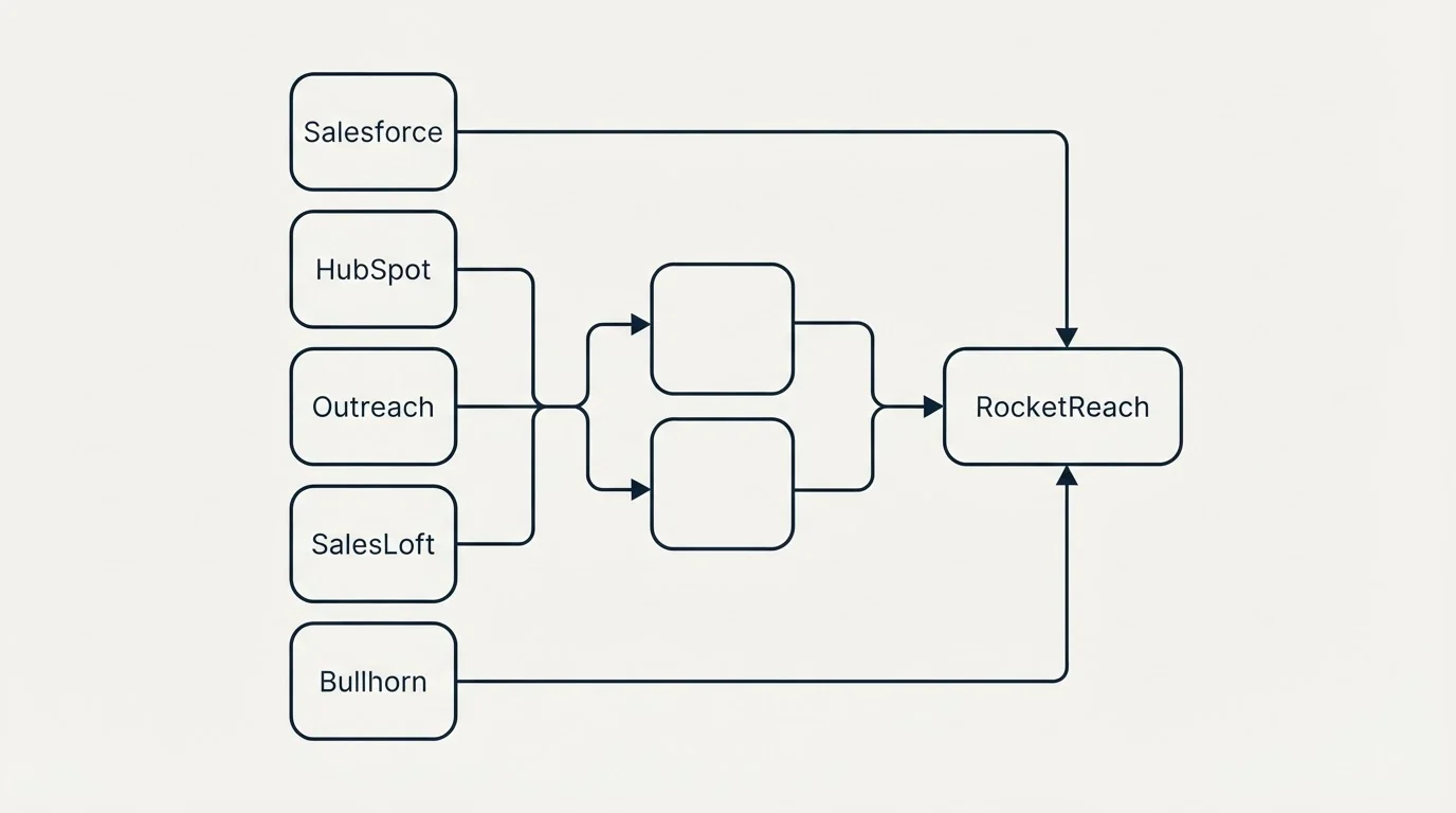 Integration schematic: Integration Ecosystem (RocketReach, Salesforce, HubSpot, Outreach)
