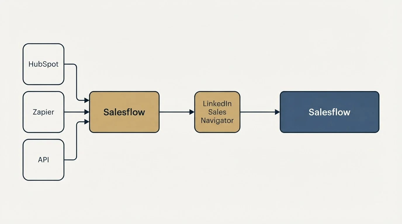 Integration flow: Integration Ecosystem (Salesflow, LinkedIn Sales Navigator, HubSpot, Zapier)