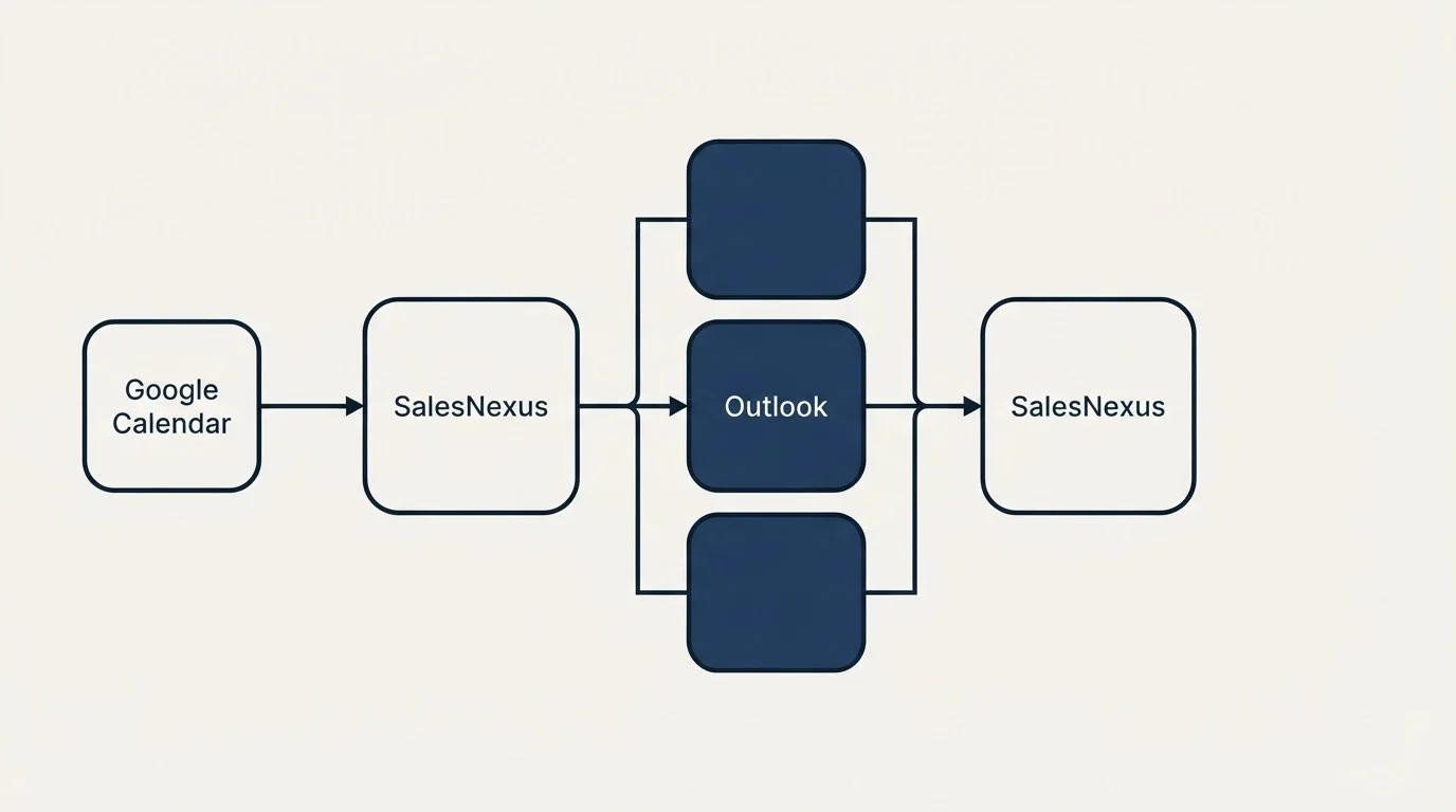 Integration flow: Integration Ecosystem (SalesNexus, Outlook, Google Calendar)
