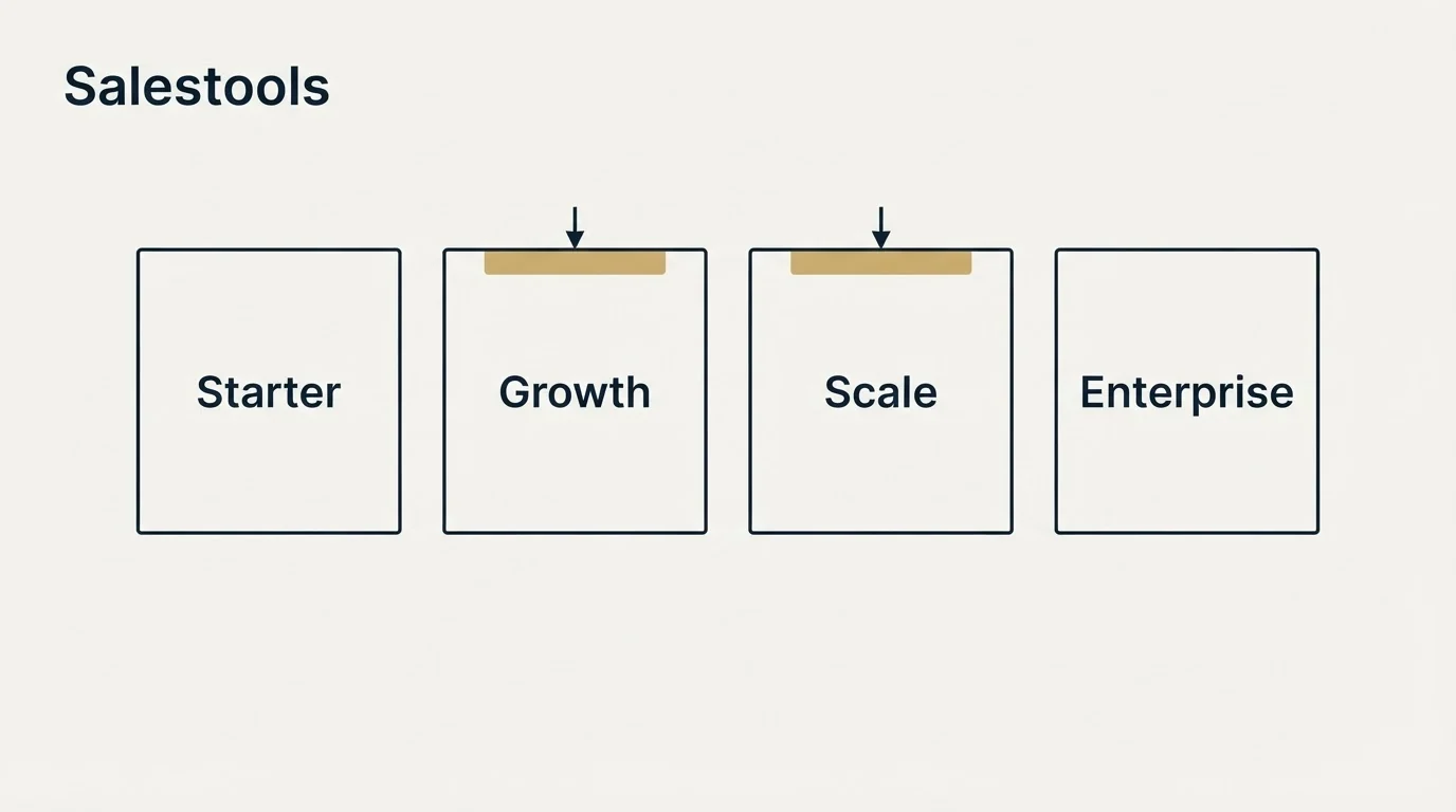 Pricing panels: Pricing Comparison (Salestools, Starter, Growth, Scale)