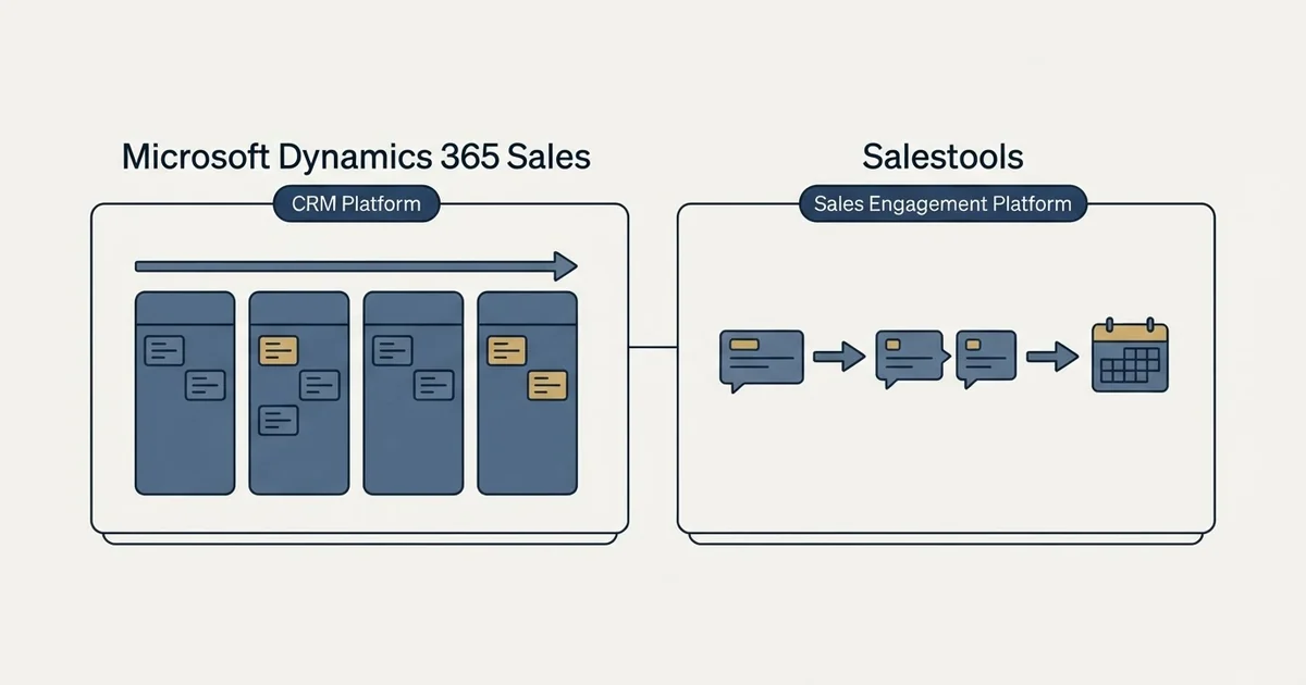 Side-by-side panels: Microsoft Dynamics 365 Sales vs Salestools (CRM Platform, Sales Engagement Platform)