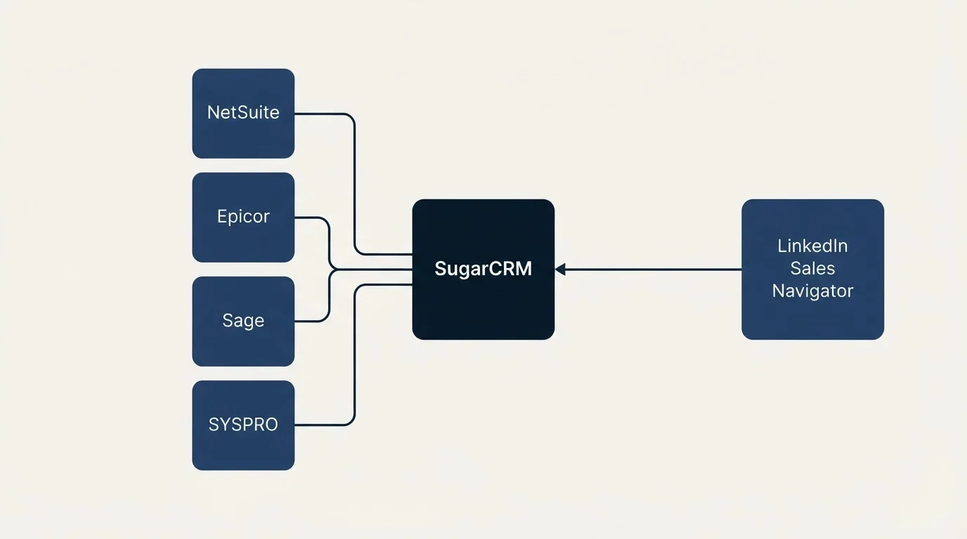 Integration schematic: Integration Ecosystem (SugarCRM, LinkedIn Sales Navigator, NetSuite, Epicor)