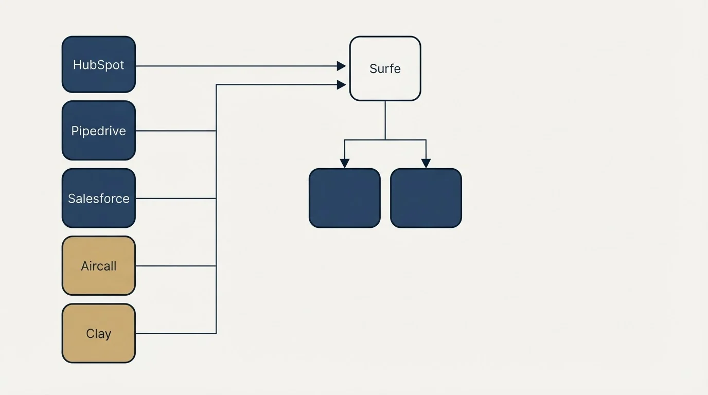 Integration grid: Integration Ecosystem (Surfe, HubSpot, Pipedrive, Salesforce)