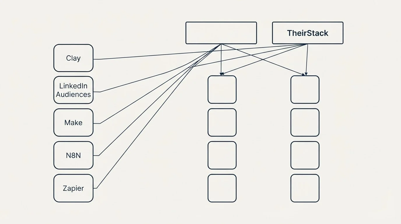 Integration grid: Integration Ecosystem (TheirStack, Clay, LinkedIn Audiences, Make)