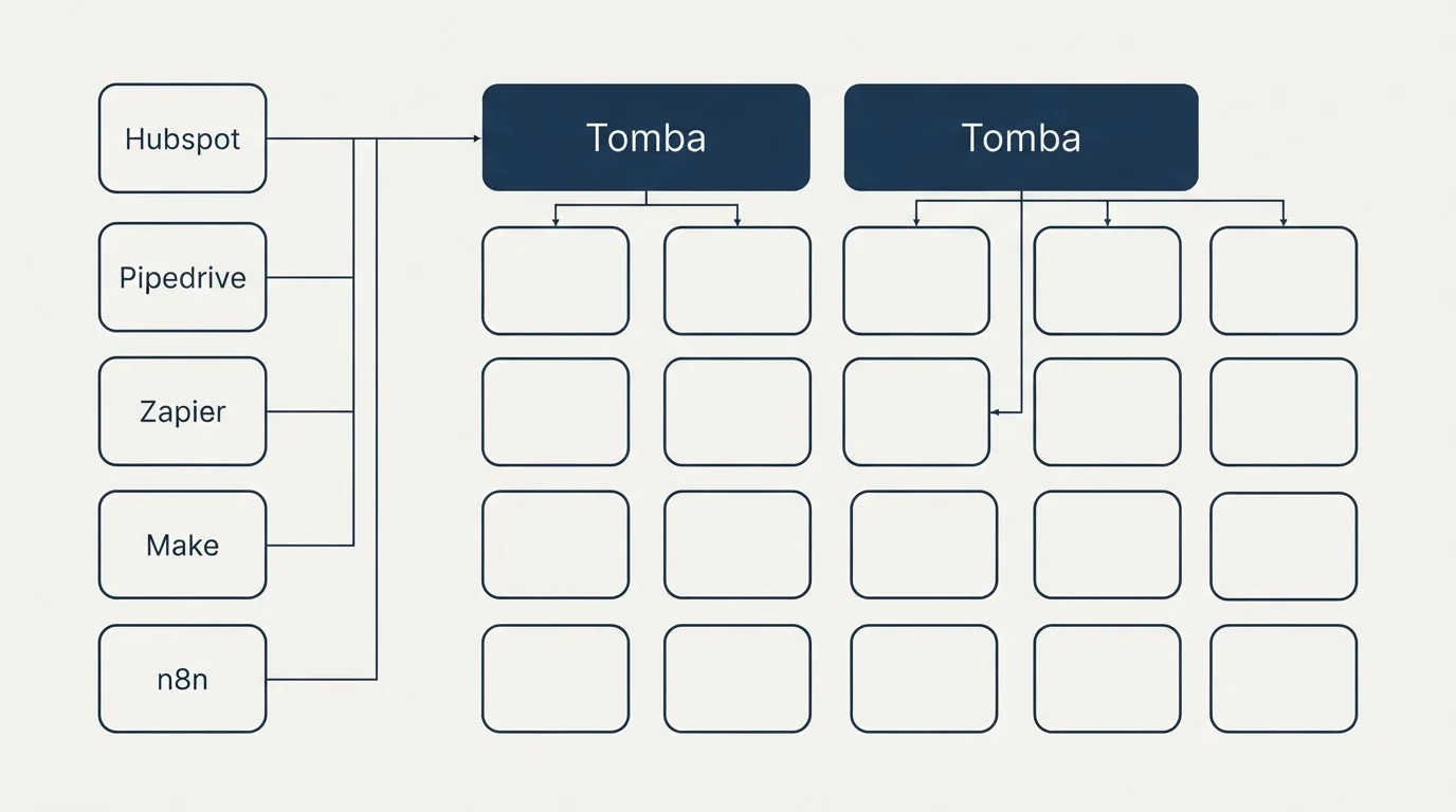 Integration grid: Integration Ecosystem (Tomba, Hubspot, Pipedrive, Zapier)