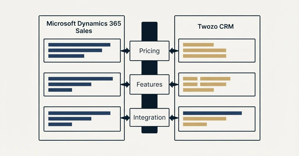 Comparison panel: Microsoft Dynamics 365 Sales vs Twozo CRM (Pricing, Features, Integration)