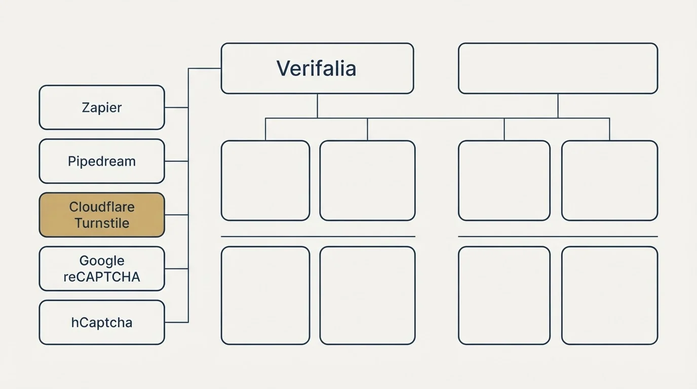 Integration grid: Integration Ecosystem (Verifalia, Zapier, Pipedream, Cloudflare Turnstile)