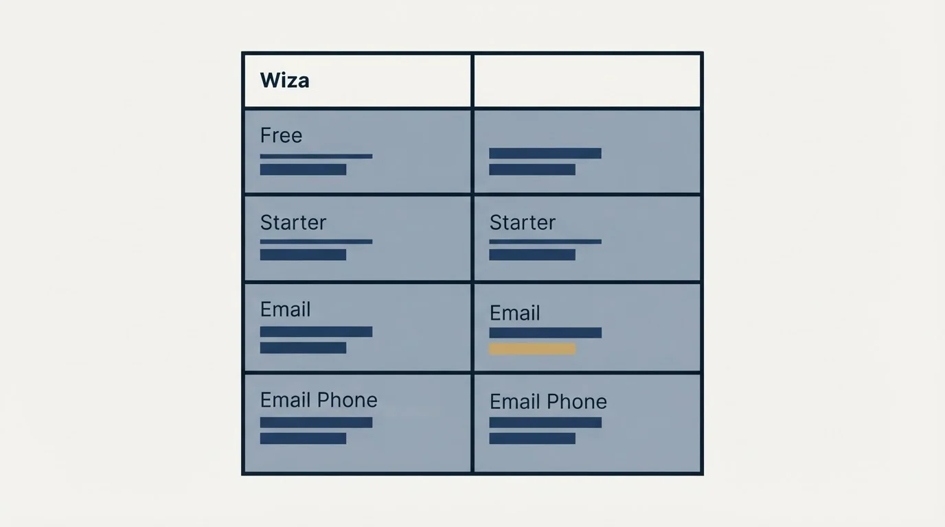 Pricing table: Pricing Comparison (Wiza, Free, Starter, Email)