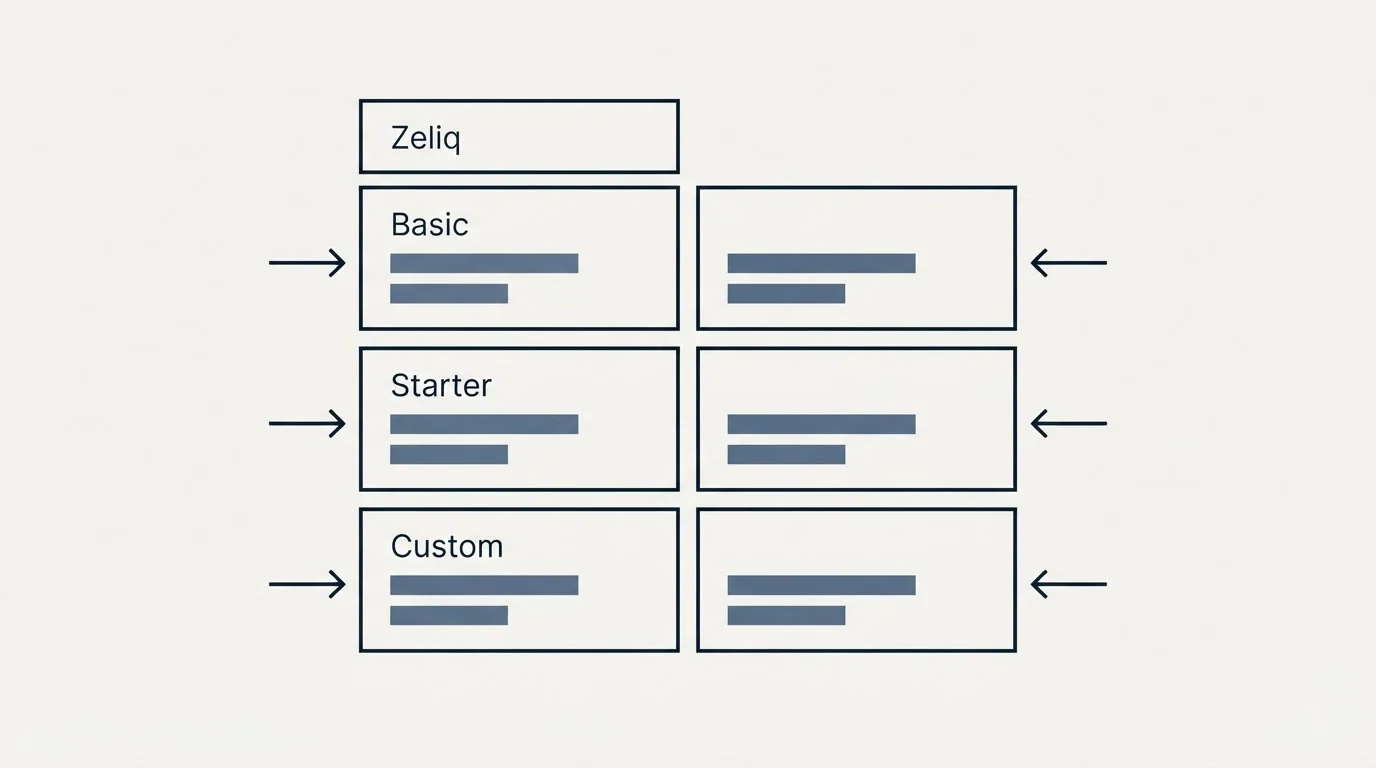 Pricing table: Pricing Comparison (Zeliq, Basic, Starter, Custom)