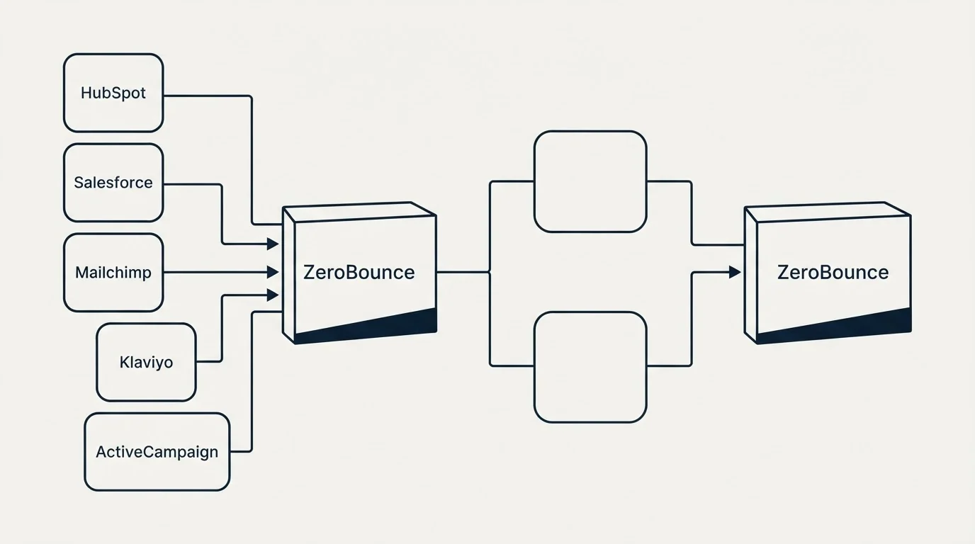 Integration flow: Integration Ecosystem (ZeroBounce, HubSpot, Salesforce, Mailchimp)