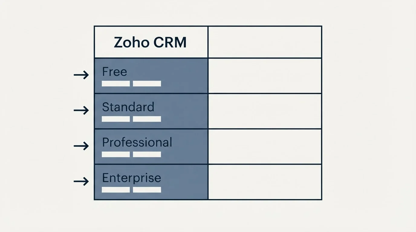 Pricing table: Pricing Comparison (Zoho CRM, Free, Standard, Professional)